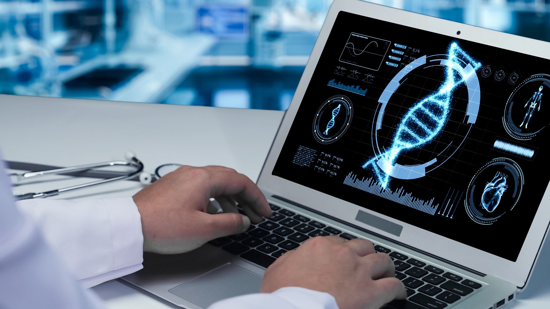 Close up of doctor typing and looking at laptop with DNA hologram. Remedial.